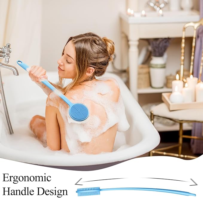 VWMYQ Silicone Back Scrubber for Shower, 17in Lengthen Long Handle Body Brush, Double Sided Shower Brush for Shower Exfoliating and Massage Can Produce Rich Foam, Long Handle Back Scrubber for Men