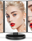 deweisn Tabletop Mount Trifold Lighted Vanity Mirror with 21 LED Lights, Touch Screen and 3X/2X/1X Magnification, Two Power Supply Mode Make up Mirror,Travel Mirror
