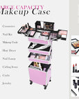 5 in 1 Professional Makeup Train Case Aluminum Cosmetic Case Rolling Makeup Case ExtraLarge Storage Organizer with Key Swivel Wheels Salon Barber Case for Make Up Nail Hairstylists, Pink