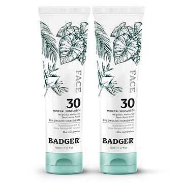 Badger Zinc Oxide Face Sunscreen SPF 30, Lightweight Mineral Sunscreen for Face, Matte Finish, No White Cast, Vegan, Water Resistant, Unscented, Mineral Sunblock Lotion, 1.7 fl oz, 2-Pack
