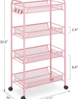 TOOLF 4 Tier Rolling Utility Cart - Durable Metal Design Pink Utility Cart, Storage Trolley on Wheels with 3 Hooks, Perfect for Kitchen, Bathroom & Laundry Room Organization