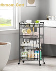 TOOLF 4-Tier Rolling Cart, Metal Utility Cart with 3 Hooks, Easy Assemble Mobile Storage Trolley On Wheels, Metal Shelving Units Kitchen Bathroom Laundry Room