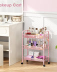 TOOLF 3 Tier Rolling Utility Cart - Durable Metal Design Pink Utility Cart, Storage Trolley on Wheels with 3 Hooks, Perfect for Kitchen, Bathroom & Laundry Room Organization