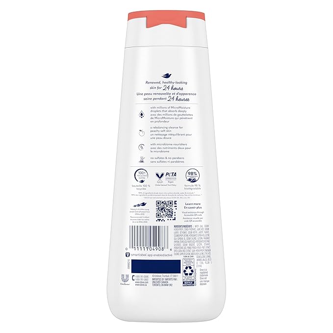 Dove Body Wash Rebalancing White Peach & Rice Milk, 4 Count for Renewed, Healthy Looking Skin, Moisturizing Gentle Skin Cleanser with 24hr Renewing MicroMoisture, 20 oz