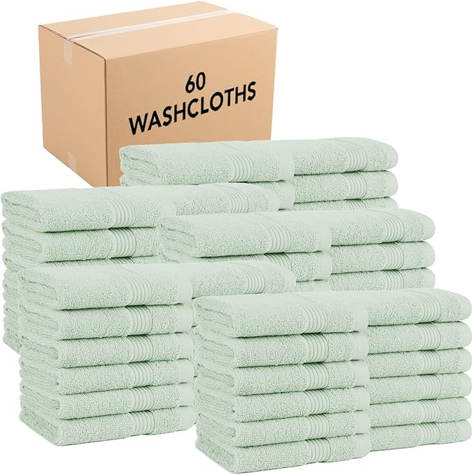 Arkwright Bath Washcloths 12 Pack - (Bulk Case of 60) Super Soft 100% Cotton, 600 GSM Quick Dry & Absorbent, Luxury Face & Body Wash Cloth Towels for Hotels, Spa, and Vacation Rental, Eucalyptus Green