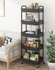 Sywhitta 5-Tier Plastic Rolling Utility Cart with Handle, Multi-Functional Storage Trolley for Office, Living Room, Kitchen, Movable Storage Organizer with Wheels, Black