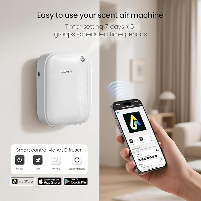 Waterless Essential Oil Diffuser,(Two 50ml Fragrances Included) 2000 Sq.Ft Coverage 400ml Capacity Hotel Scent Diffuser,Cold Air Tech, App & Button Control,Scent Diffusers for Home Large Room (White)