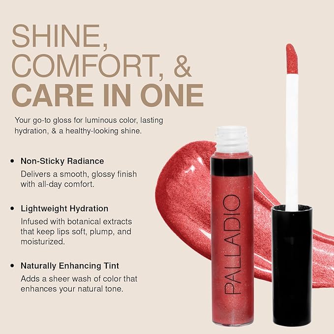 Palladio Lip Gloss, Non-Sticky Lip Gloss, Contains Vitamin E and Aloe, Offers Intense Color and Moisturization, Minimizes Lip Wrinkles, Softens Lips with Beautiful Shiny Finish, Sheer Bronze