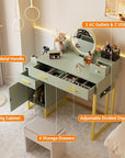 Vanity Desk with 4 Storage Drawers - Modern Makeup Vanity Table with Charging Station, Cyan Vanity Desk with Reversible Cabinet Dressing Table Set with Divided Organizers for Women Girls, Cyan & Gold