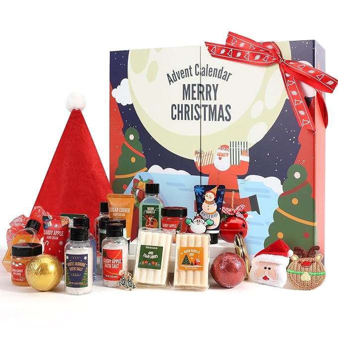 Advent Calendar 2025 Adult, Holiday Gift Baskets for Women with Hand Cream, Epsom Salt, Candle, Necklace, Brooch, Ear Clips, Skincare Beauty Advent Calendar, Happy New Year Countdown Calendar Gift Set