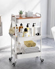 TOOLF 3-Tier Rolling Cart with Table Top, Metal Storage Cart on Wheels, Utility Organizer with Wooden Tray, Lockable Casters, Easy Assembly for Bathroom, Living Room, Office, Kitchen, White