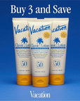 Vacation Classic Sunscreen Lotion SPF 50, Water-Resistant, Lightweight, Transparent on All Skin Tones, Dermatologist-Tested, Vegan, Travel Size, 3.4 Fl. Oz. (Value Pack of 3)