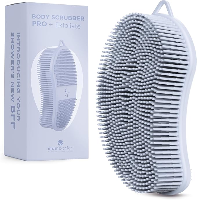 MainBasics Silicone Body Scrubber – Dual-Sided Shower Exfoliator for Men & Women, Gentle Silicone Loofah Alternative for Deep Clean (Frosted Sky, Exfoliate)