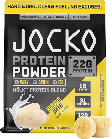 Jocko Mölk Whey Protein Powder 22g Sugar Free Monk Fruit Blend - Muscle Recovery & Growth, Packaging May Vary (31 Servings, Banana Cream)