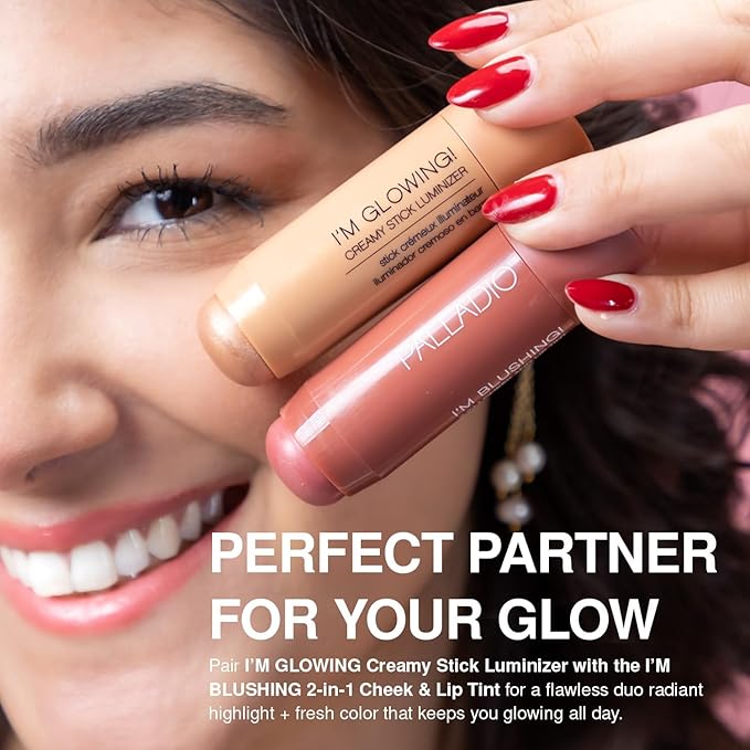 Palladio I'm Blushing 2-in-1 Cheek and Lip Tint, Buildable Lightweight Cream Blush, Sheer Multi Stick Hydrating formula, All day wear, Easy Application, Shimmery, Blends Perfectly onto Skin, Precious