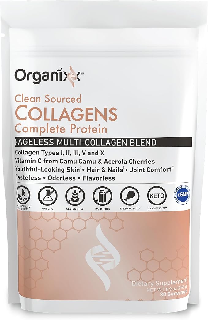 Organixx Collagen Peptides Powder with Vitamin C, Types I, II, III, V, X Hydrolyzed Collagen, Hair, Nail, Skin, Bone & Joint Health, Aging Support, Clean Sourced, Gluten Free, Unflavored, 30 Servings