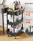 3 Tier Metal Rolling Cart with Wheels and Wooden Table Top, Three Tiered Craft Cart Organizer on Wheels, Black Storage Utility Carts for Art, Diaper Caddy, Baby Nursery, Office, Laundry, Snack, Book