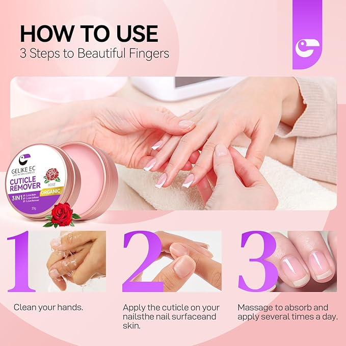 gelike ec Cuticle Cream for Dry Damaged Cuticles: Rose Organic Nail Cuticle Remover for Dry, Rough Hands Cracked Rigid Skin - Professional for Salon Home Use