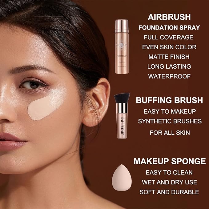 AirBrush Foundation Spray, Liquid Foundation Makeup Set, Full-Coverage Foundation Mist for Color Correcting,Concealer,Flawless Look,Matte Finish,Include Brush and Sponge,2.28oz(#1 Ivory White)
