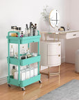 Calmootey 3-Tier Rolling Utility Cart with Drawer,Multifunctional Storage Organizer with Plastic Shelf & Metal Wheel,Storage Cart for Kitchen,Bathroom,Living Room,Office,Green