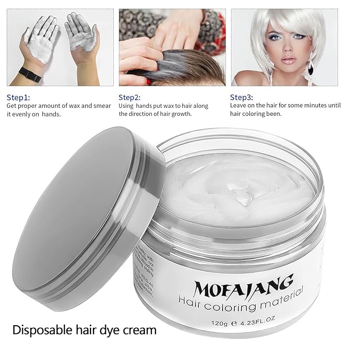 Hair Wax Color White, Temporary Hair Color Dye Washable Hair Styling Mud, Style Clay for Girls Boys Teens Women, Instant Hair Coloring Gel Cream for DIY Cosplay Halloween Children's Day (1, White)