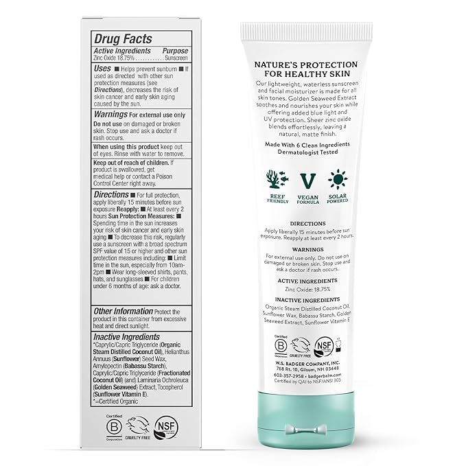 Badger Zinc Oxide Face Sunscreen SPF 30, Lightweight Mineral Sunscreen for Face, Matte Finish, No White Cast, Vegan, Water Resistant, Unscented, Mineral Sunblock Lotion, 1.7 fl oz, 2-Pack