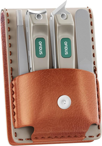 Nail Clippers Set Professional Stainless Steel Manicure Kit with Catcher, Curved & Oblique Clippers, Tweezers, and Nail File in Luxury Leather Case