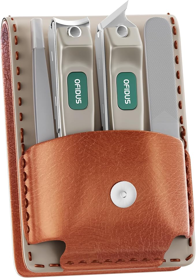 Nail Clippers Set Professional Stainless Steel Manicure Kit with Catcher, Curved & Oblique Clippers, Tweezers, and Nail File in Luxury Leather Case