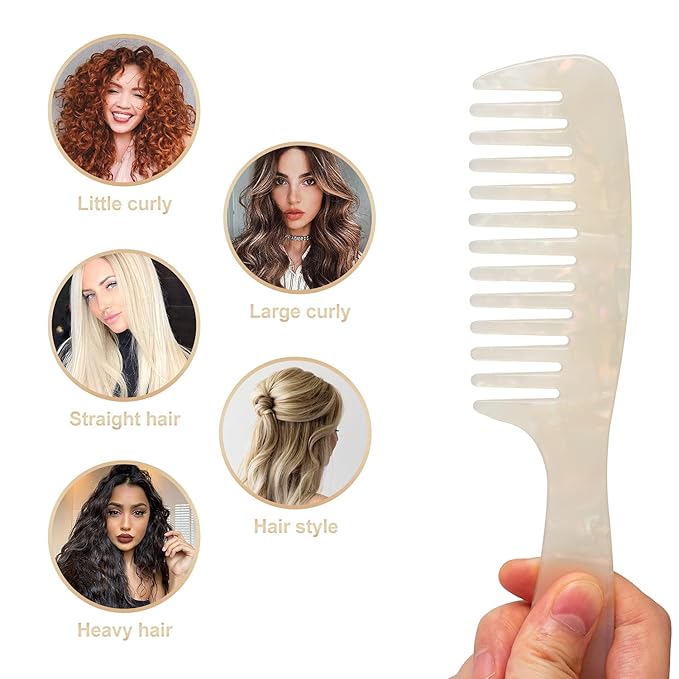 Large Wide Tooth Hair Comb, LADYAMZ [Tortoise Shell] Cellulose Acetate Round Tooth Comb for Straight/Curly Hair,Short/Long Hair Women Men or Kids, Easy Detangling Wet or Dry, Anti-static (White)