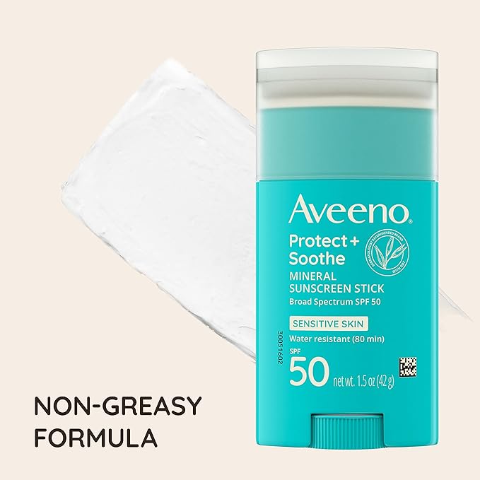 Aveeno Protect + Soothe Mineral Sunscreen Stick for Sensitive Skin, SPF 50, Water-Resistant for 80 minutes, Face & Body Sunscreen with Zinc Oxide & Oat, Fragrance-Free, Travel Size, 1.5 OZ