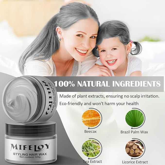 Temporary Silver Gray Hair Spray Color Wax 4.23 oz, Instant Natural Hairstyle Cream Dye, Disposable Coloring Mud for Men Women Youth, Grey Styling Pomades, Party Cosplay DIY Halloween