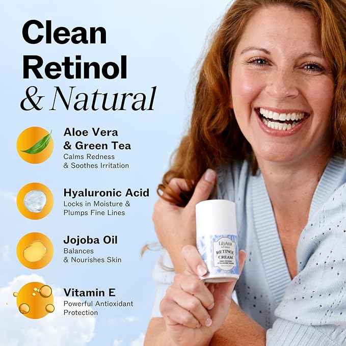 LilyAna Naturals Anti Aging Retinol Face Cream for Women – Wrinkle & Neck Cream for Firming, Retinol Moisturizer for Face with Hyaluronic Acid, Hydrating Night Cream, Collagen Boost (Bottle, 1.0oz)