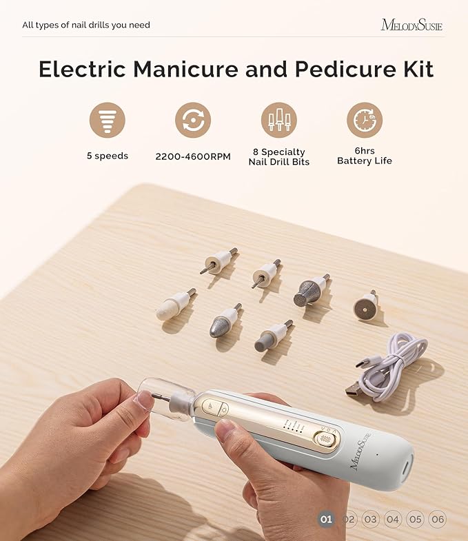 MelodySusie Professional Manicure Pedicure Kit,8-in-1 Electric Nail Drill Set with 5 Speeds,Rechargeable Cordless E-File with 360° LED Light,Perfect Hand Foot Care Trimmer Polish Tools - PC760G