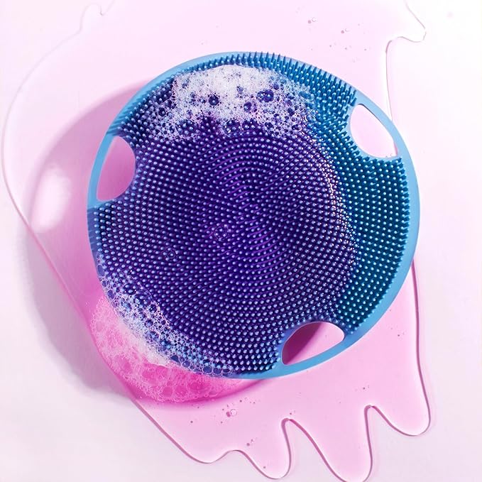 Boie USA Flat Body Scrubber - Soft Silicone-Like Exfoliating Shower Scrubber & Body Cleansing Brush - Stick-to-Wall Loofah Replacement - Antimicrobial Exfoliator for All Skin Types (Blue)