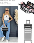 5 in 1 Professional Makeup Train Case Aluminum Cosmetic Case Rolling Makeup Case ExtraLarge Storage Organizer with Key Swivel Wheels Salon Barber Case for Make Up Nail Hairstylists, Black