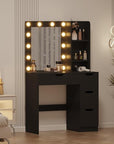 Vanity Desk with Mirror and Lights, 4 Drawers, Open Shelves, Built-in Power Outlets, 3 Lighting Colors Adjustable Dressing Table for Bedroom, Makeup Studio, Black