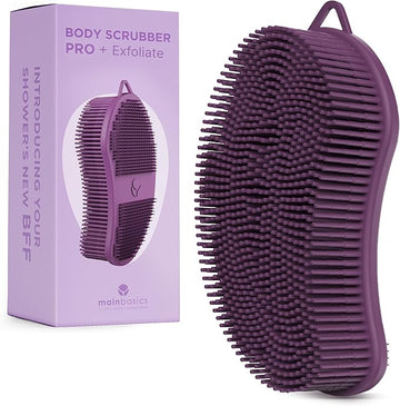 MainBasics Silicone Body Scrubber – Dual-Sided Shower Exfoliator for Men & Women, Gentle Silicone Loofah Alternative for Deep Clean (Purple, Exfoliate)