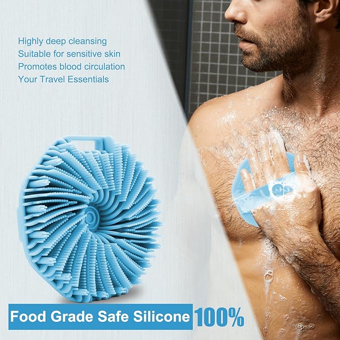 Silicone Body Scrubber, Body Wash Scrubber, Shower Scrubber for Body, Non-Slip Handle for Easy Cleaning, Travel Friendly (Blue)
