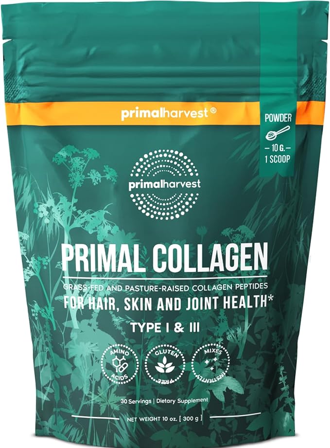 Primal Harvest Collagen Powder for Women or Men Primal Collagen Peptides Powder Type I & III, 10 Oz Collagen Protein Powder for Hair, Skin, Nails (Single, Original)