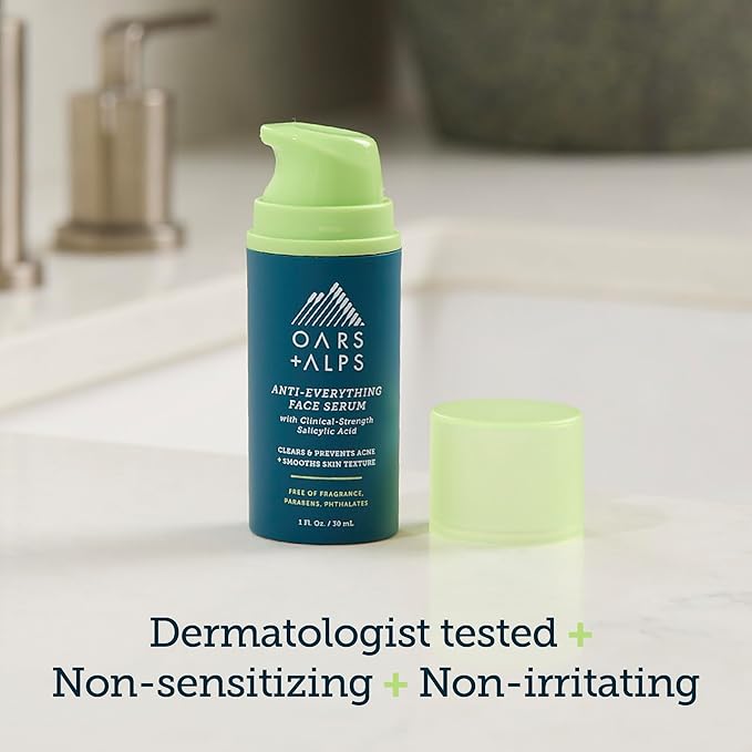 Oars + Alps Anti-Everything Face Serum for Men, Salicylic & Glycolic Acid, Reduces Acne, Fine Lines & Large Pores, Anti-Aging & Fragrance-Free, 1 Fl Oz