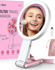 LitBear Travel Makeup Mirror with Lights, Rechargeable Double-Sided 10X/1X Magnifying Mirror, Portable Lighted Beauty Mirror, 3 Color Lighting, Dimmable Touch Screen, Tabletop Handhold Hanging (White)