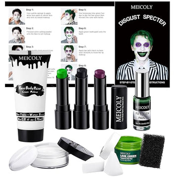 MEICOLY Disgust Specter Makeup Kit,White Face Paint,Green Hair Dye,Setting Powder,Green Tooth Paint,Complete Halloween Zombie Makeup Kit,SFX Character Set for Performance Stage Special Effect Costume