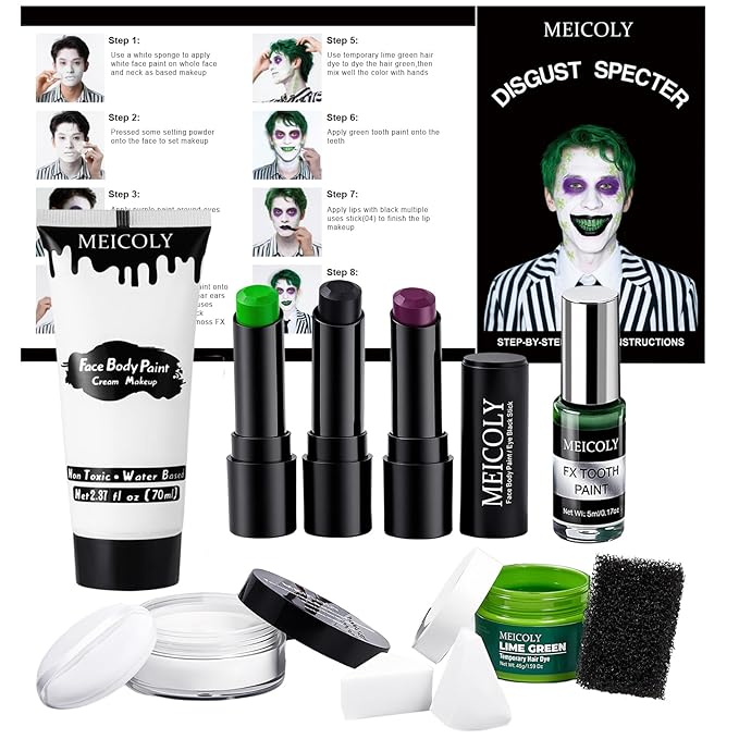 MEICOLY Disgust Specter Makeup Kit,White Face Paint,Green Hair Dye,Setting Powder,Green Tooth Paint,Complete Halloween Zombie Makeup Kit,SFX Character Set for Performance Stage Special Effect Costume