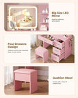 Makeup Vanity Desk Set, 35.4" Wx15.7”Dx53.9“H, Pink (Smart LED Mirror, with Cushion Stool, Hairdryer Rack, Power-Outlet, 4 Drawers, Open Shelves)