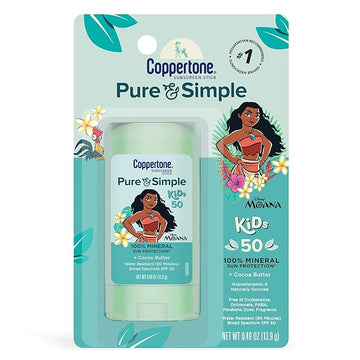Coppertone Pure and Simple Kids Exclusive Disney Moana Sunscreen Stick SPF 50, Hypoallergenic, Mineral Sunscreen for Kids, Water Resistant, Oxybenzone and Octinoxate Free, 0.49 Oz Stick
