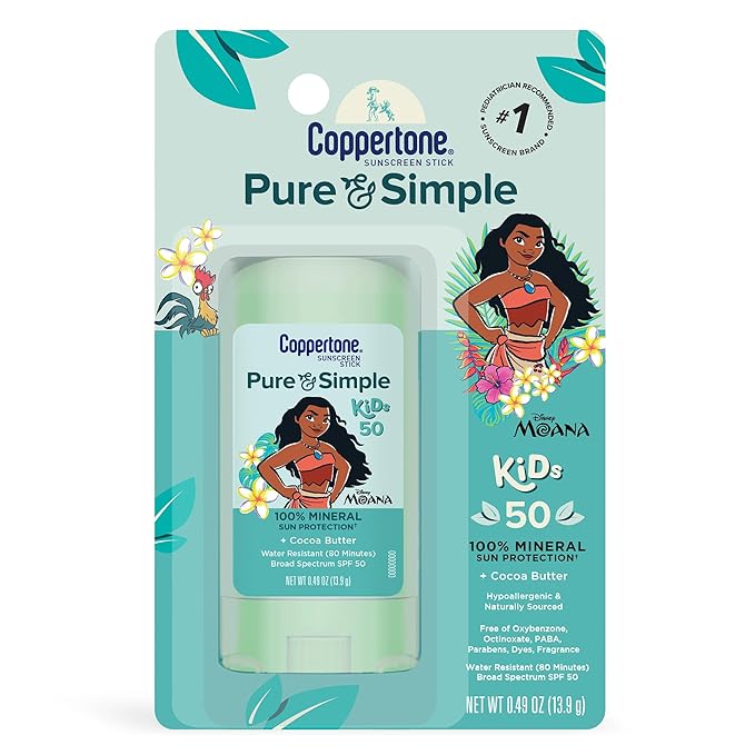 Coppertone Pure and Simple Kids Exclusive Disney Moana Sunscreen Stick SPF 50, Hypoallergenic, Mineral Sunscreen for Kids, Water Resistant, Oxybenzone and Octinoxate Free, 0.49 Oz Stick