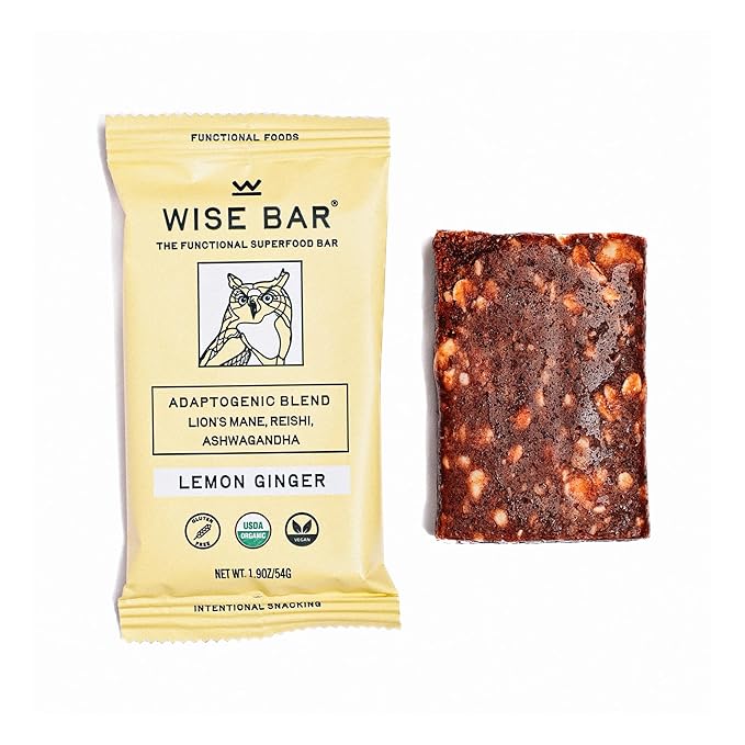Wise Bar Adaptogen Mushroom Nutrition Bars | Lemon Ginger Flavor | 12 Count | Functional Mushrooms and Adaptogens Bar | Organic Nutrition Energy Bars, Vegan, Gluten Free
