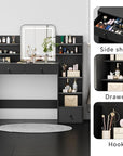 Black Makeup Vanity Desk with Square LED Mirror & 6 Open Shelves - 3-Color Adjustable Lighting, 3 Drawers + Right-Side Sloped Design, Dressing Table for Bedroom, Women, Teens