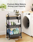 3 Tier Metal Rolling Cart with Wheels and Wooden Table Top, Three Tiered Craft Cart Organizer on Wheels, Black Storage Utility Carts for Art, Diaper Caddy, Baby Nursery, Office, Laundry, Snack, Book