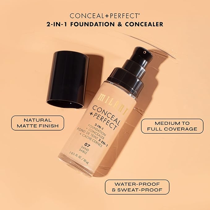 Milani Conceal + Perfect 2-in-1 Foundation + Concealer for a Flawless Complexion, Under Eye Corrector, Cover Redness and Imperfections, Waterproof and Sweatproof - Warm Porcelain